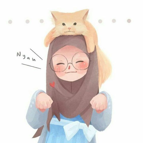 Kartun Hijab Cantik ada kucing di atas kepalanya
