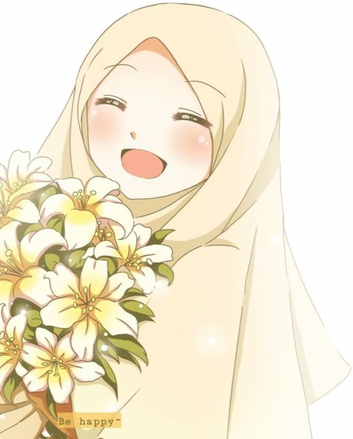 Kartun Muslimah Cantik memegang bunga