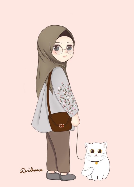 Wanita Muslimah Kartun dan kucing