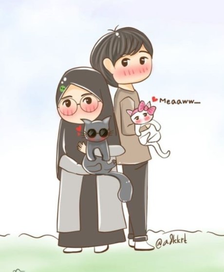 gambar kartun muslimah suami istri membawa kucing