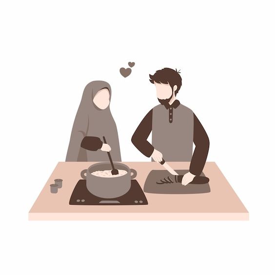 gambar kartun muslimah suami istri tanpa wajah masak bersama
