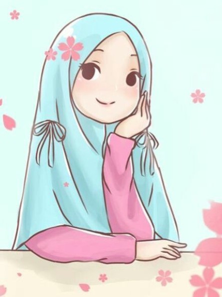 kartun muslimah cantik jilbab biru lengan panjang