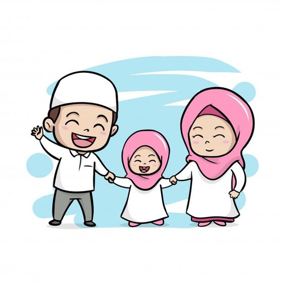 kartun muslimah keluarga kecil ayah anak perempuan dan ibu