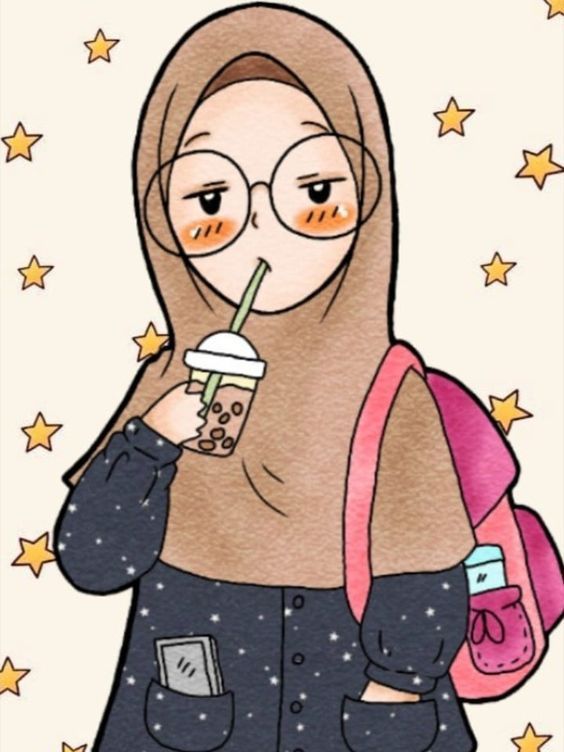 kartun muslimah lucu cantik Berkacamata